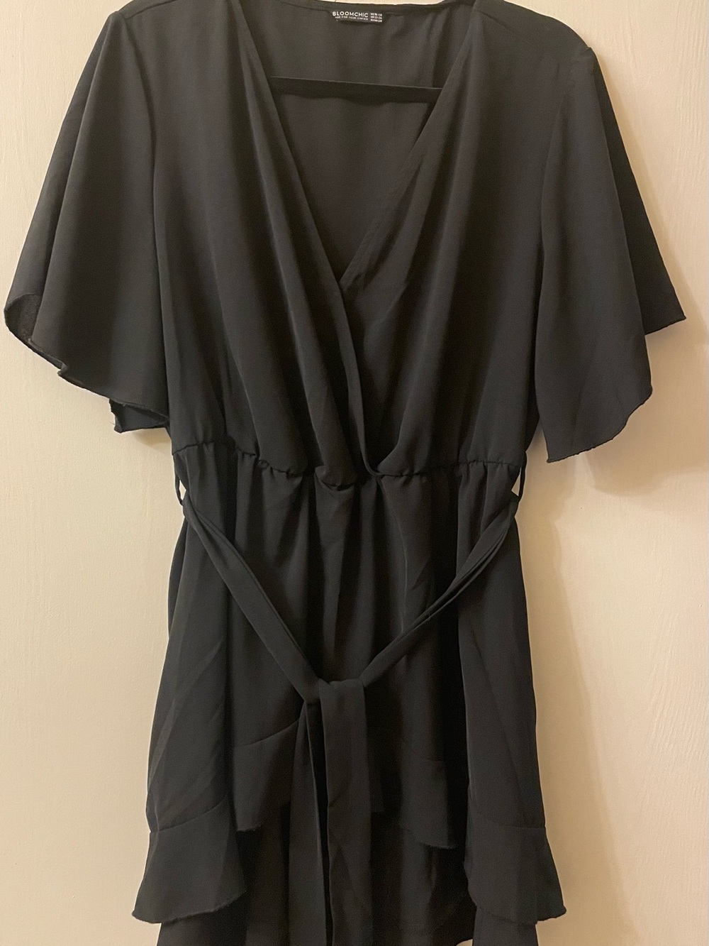 Bloomingdale's Black Wrap Blouse with Flutter Sleeves